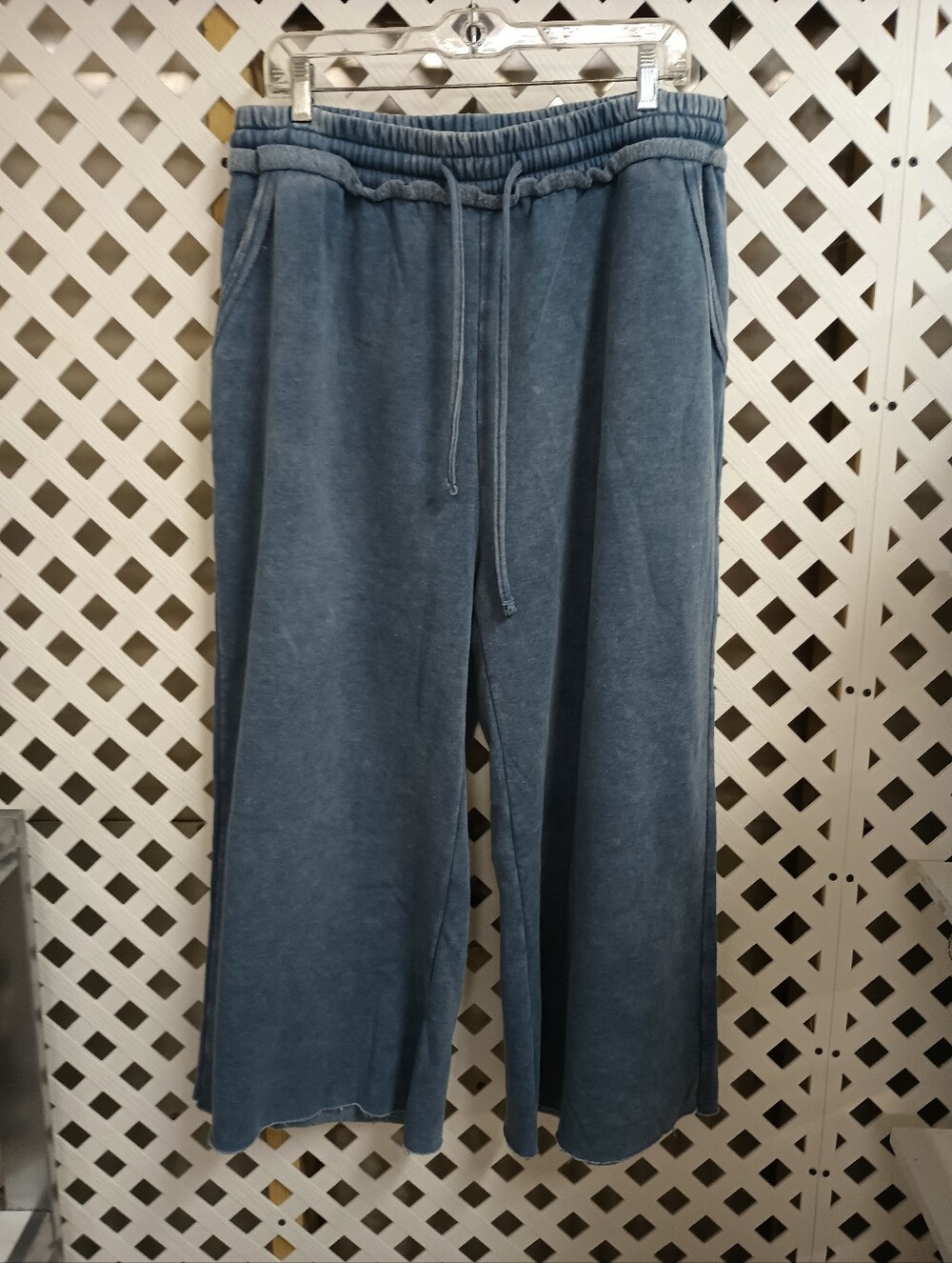 Zenana Outfitters Relaxed Wide Leg Pants in Denim Blue Fleece 2X Plus Loungewear